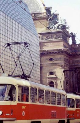 Prague Building with tram, Czech Architecture 1991