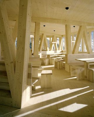 Neue Monte Rosa Hut Zermatt wood interior