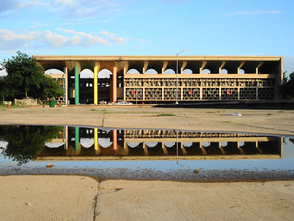 Punjab and Haryana High Court designed by Le Corbusier in the city of Chandigarh. Le Corbusier designed Chandigarh at the request of Indian Prime Minister Jawahar Lal Nehru. The High Court was completed in 1955. Photo courtesy of Wikipedia Commons.