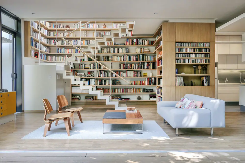 Casa Nirau library stairs and living room
