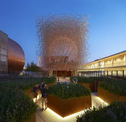 UK Pavilion, The Hive, by night in Milan