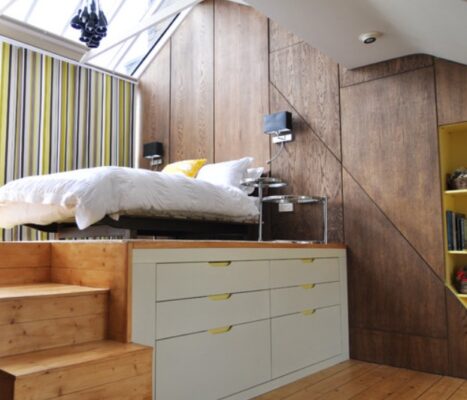 Loft bedroom design style bed drawers storage