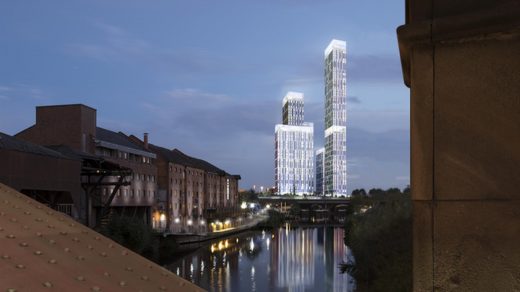 Trinity Islands Manchester Towers at dusk