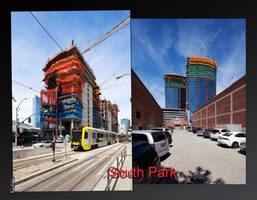 Oceanwide Plaza and Circa Twin towers in SouthPark district, Los Angeles construction photo | www.e-architect.com