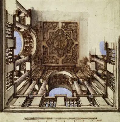 Design for a ceiling with columns and coffered arches