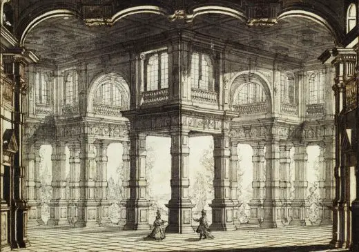 Drawing by or after Galli Bibiena, 1755. Design for stage set of Clemenza di Tito in the Opera House, Lisbon