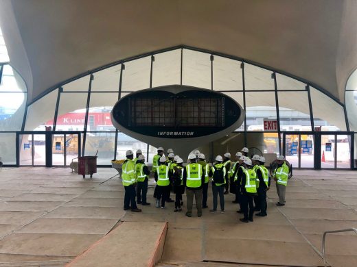 AERIAL FUTURES. Urban Constellations site visit to new TWA Hotel at JFK Airport New York USA