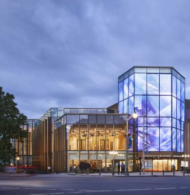 NAC exterior w digital screen of Kipnes Lantern above the new entrance