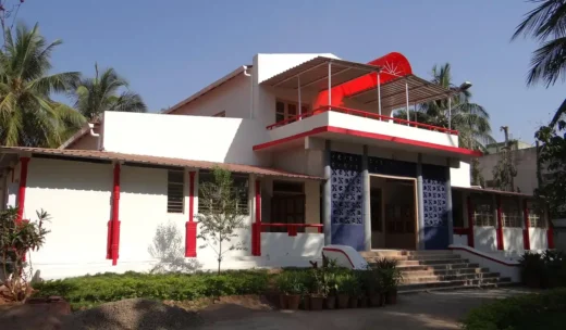 White red blue building entry