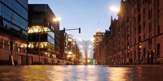 River Elbe flooding in HafenCity, Hamburg, Germany