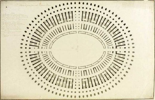 plan of the colosseum Rome pen and pencil and watercolour