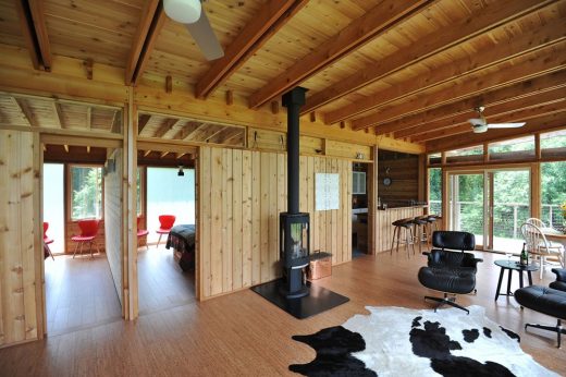 Glass Cabin Iowa house interior woodburner