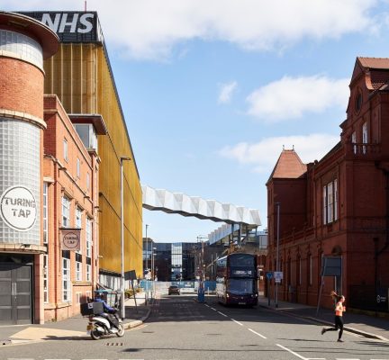 Grafton Street Manchester hospital corridor in sky bridge