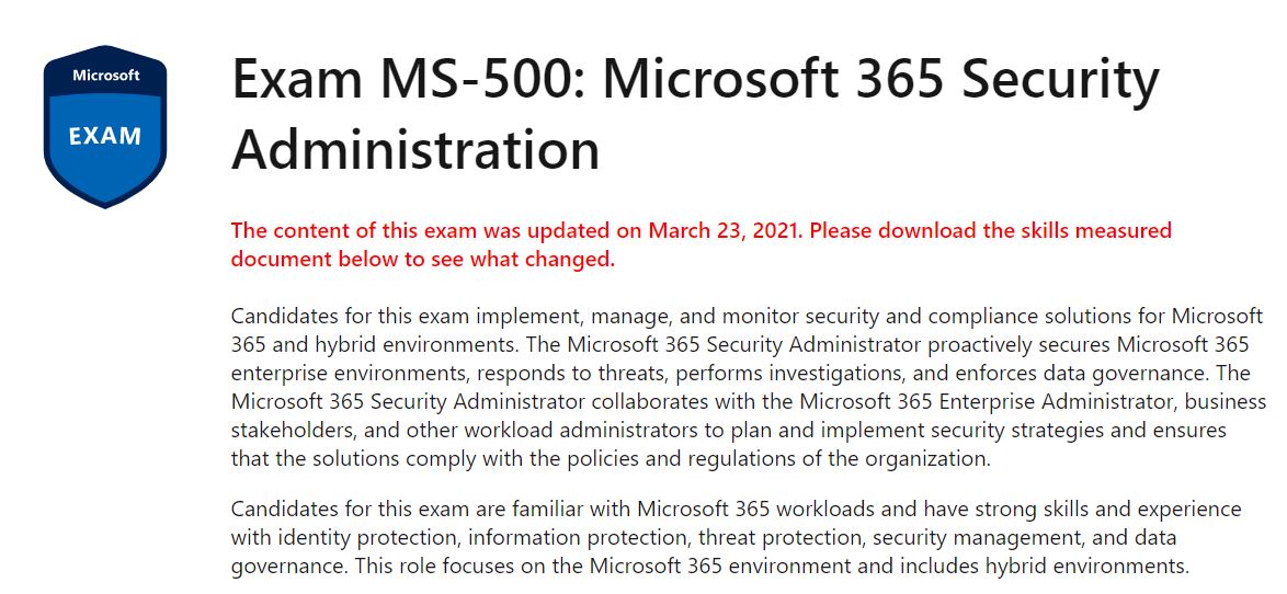 Updated course outline for MS-500 exam