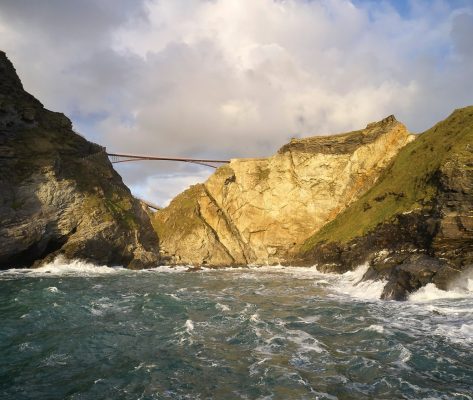 New Tintagel Castle Bridge Cornwall from sea