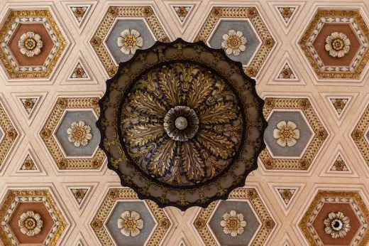 Chandelier and hexagon coffered ceiling, Dime Savings Bank of Brooklyn:
