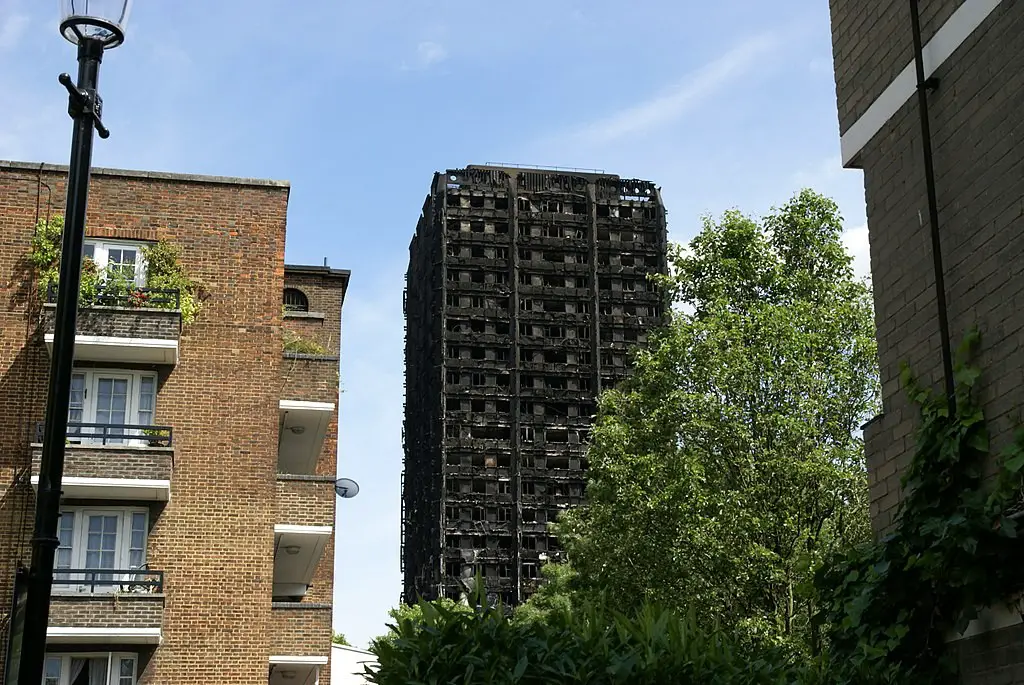 Burnt out ruin of Grenfell Tower building in London