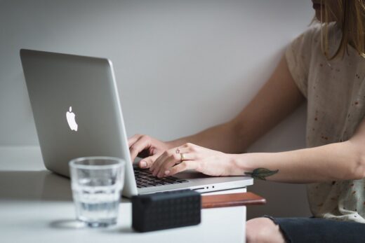 Woman checking facts on a laptop