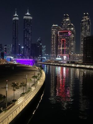 Dubai Canal waterfall towers night