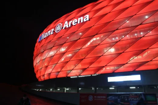 Allianz Arena Bayern Munich football stadium red lighting