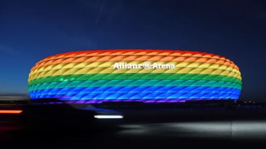 Allianz Arena Bayern Munich football stadium rainbow colours