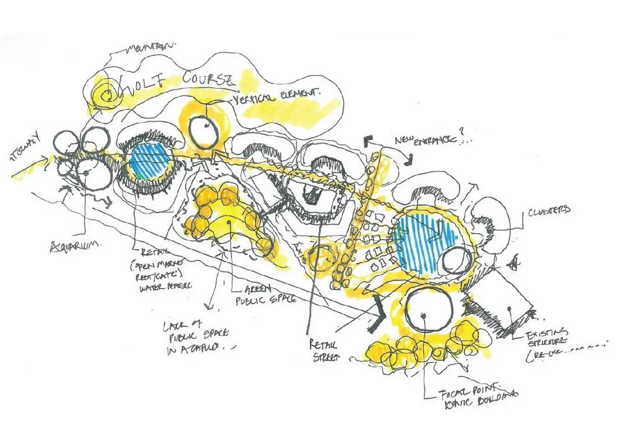 Concept sketch depicting desert pavilions by Paolo Testolini