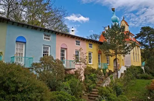 Painted houses garden trees