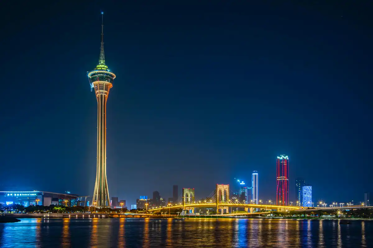 Macao casino building and tower on waterfront