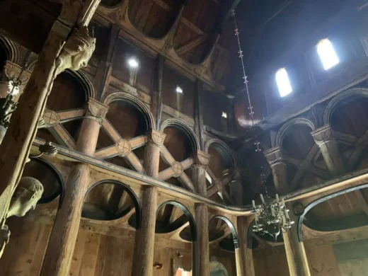 Lærdal stave church Norway wood interior