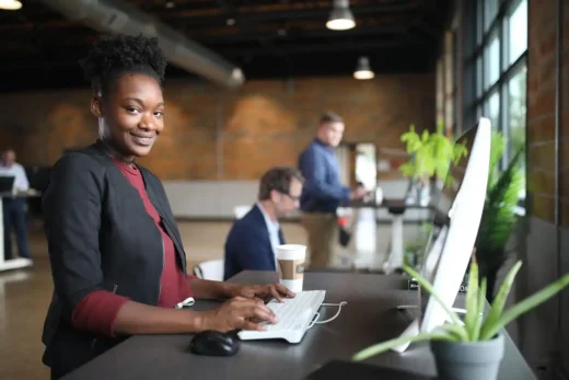 Interior glass walls desk office woman