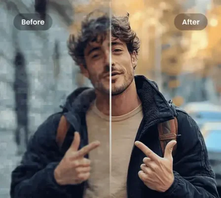 Vmake.ai video caption generator upscaler before and after