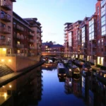 Birmingham city canal property evening lighting