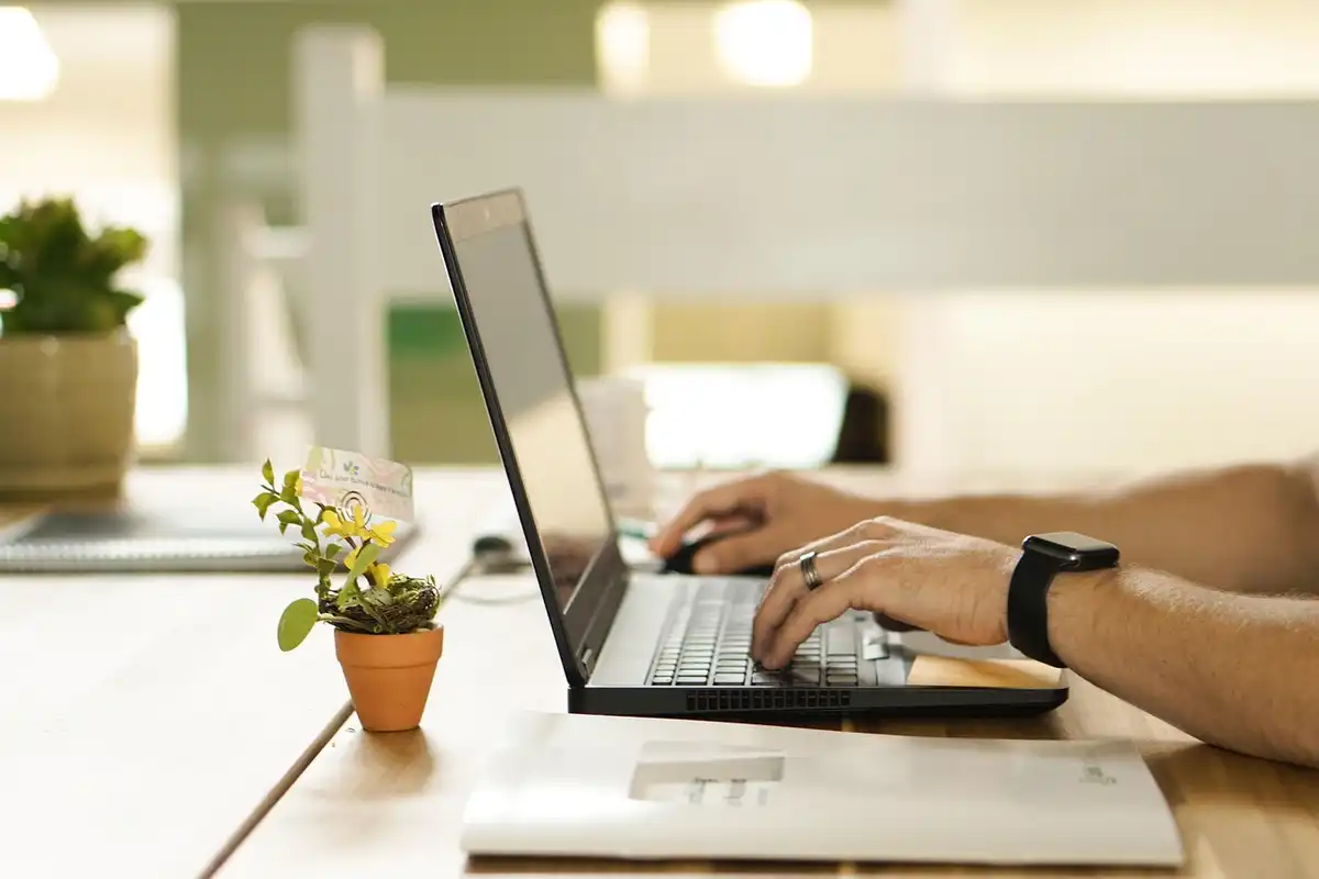 modern office interior desk laptop work