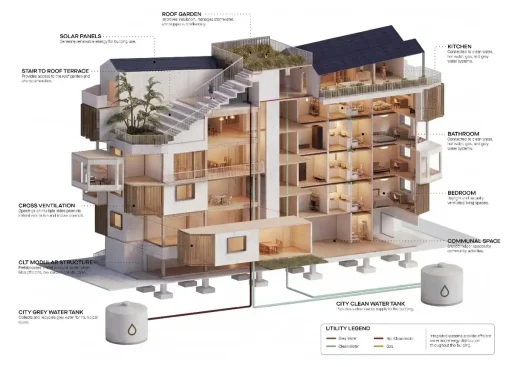 Sustainable affordable housing prototype with shared kitchens