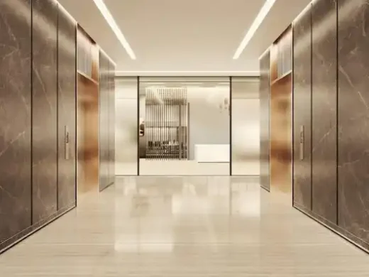 A clean, polished commercial building lobby floor