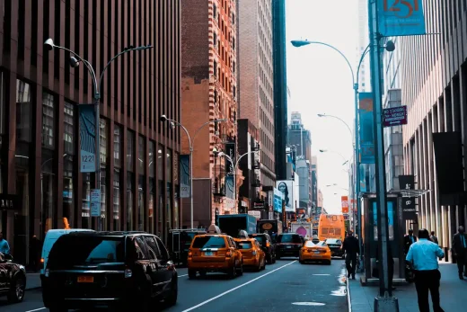 New York City buildings, NY, USA - busy street