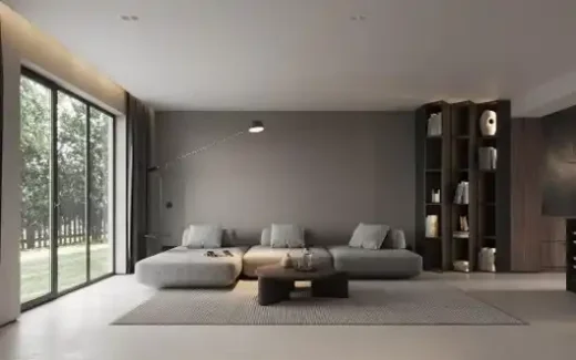 A freshly painted modern living room interior in neutral tones