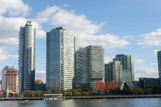 Queens NYC construction buildings on the river, USA
